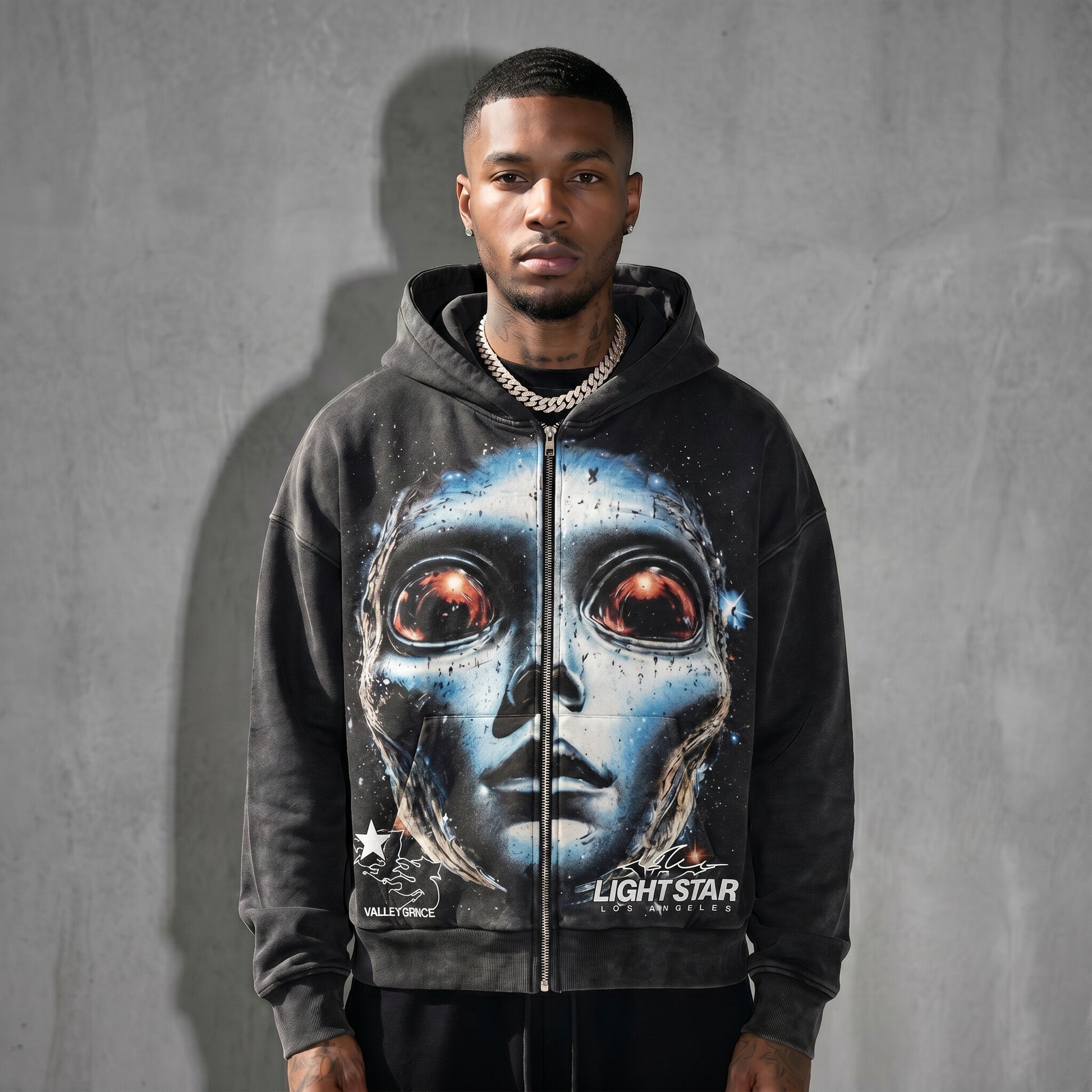 Valley Space Alien Zip Hoodie Washed Black front
