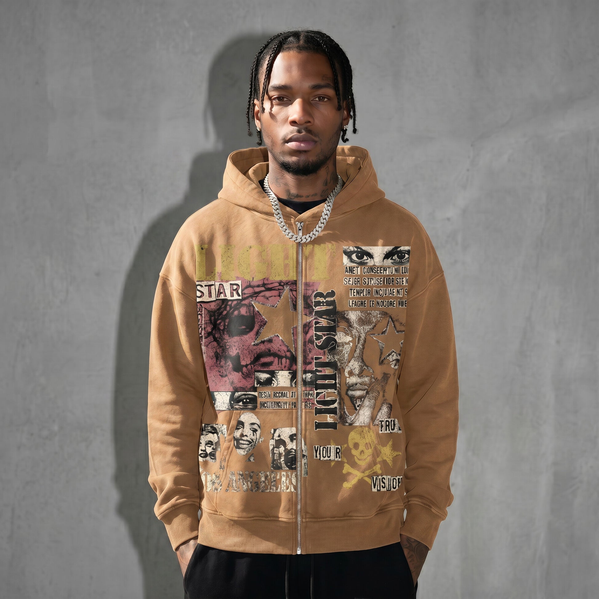 Light Star Collage Zip Hoodie Desert Sand front