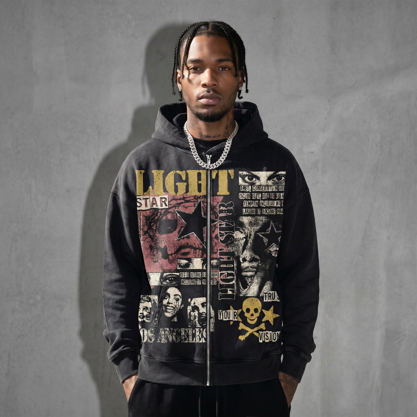 Light Star Collage Zip Hoodie Vintage Black front