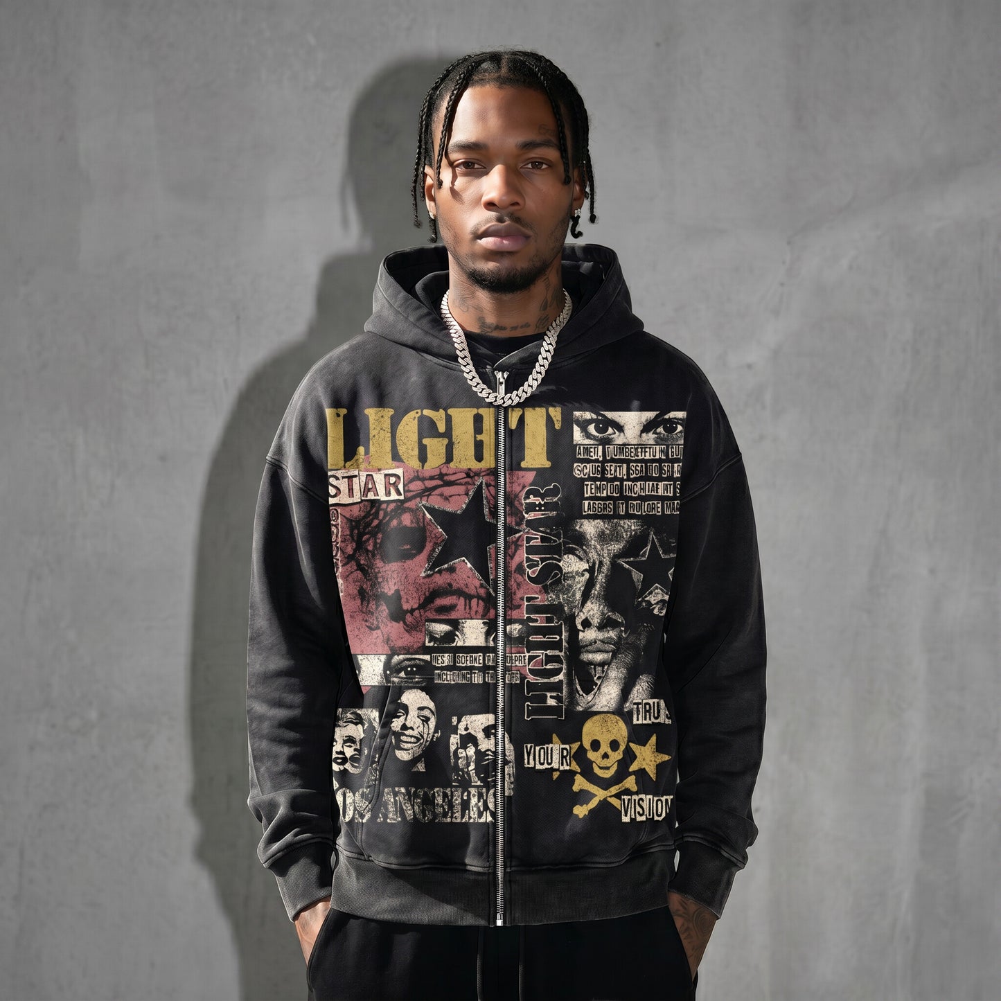 Light Star Collage Zip Hoodie Washed Black front