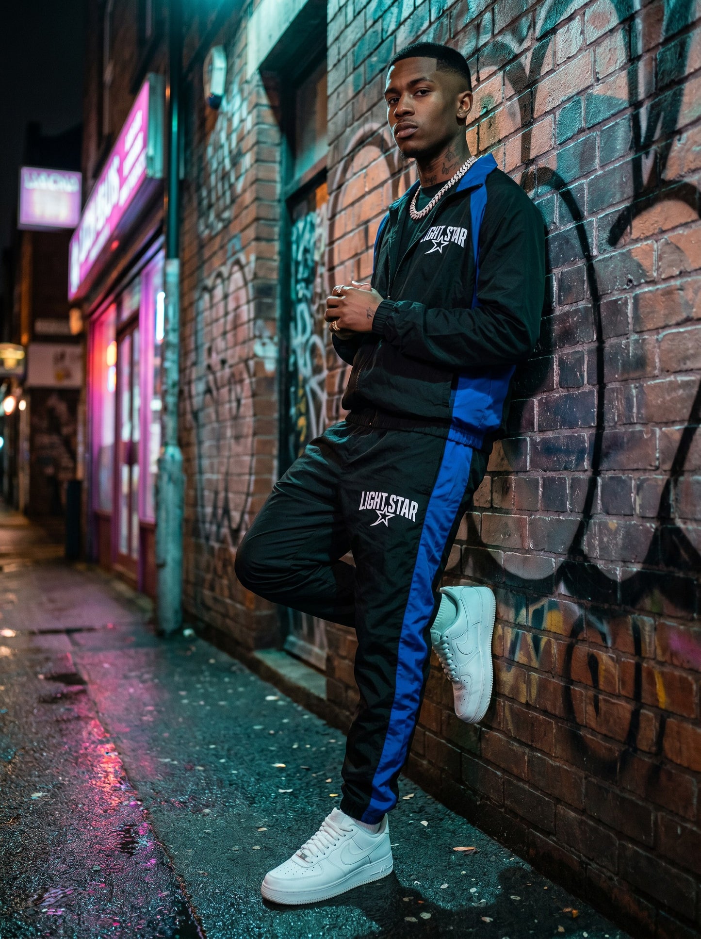 Contrast Panel Nylon Track Pant Black/Royal Blue