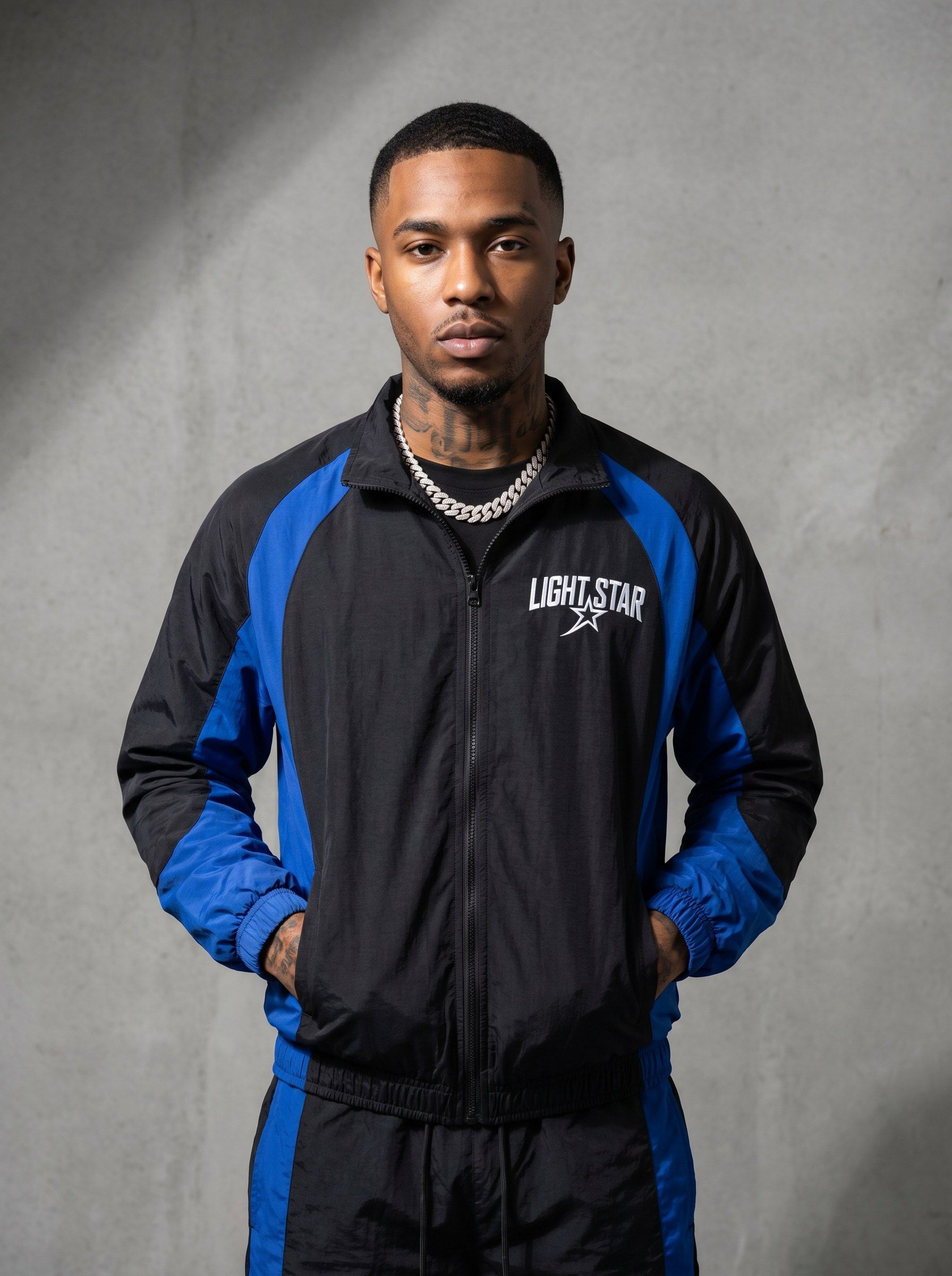 Contrast Panel Nylon Tracksuit Jacket Black/Royal Blue
